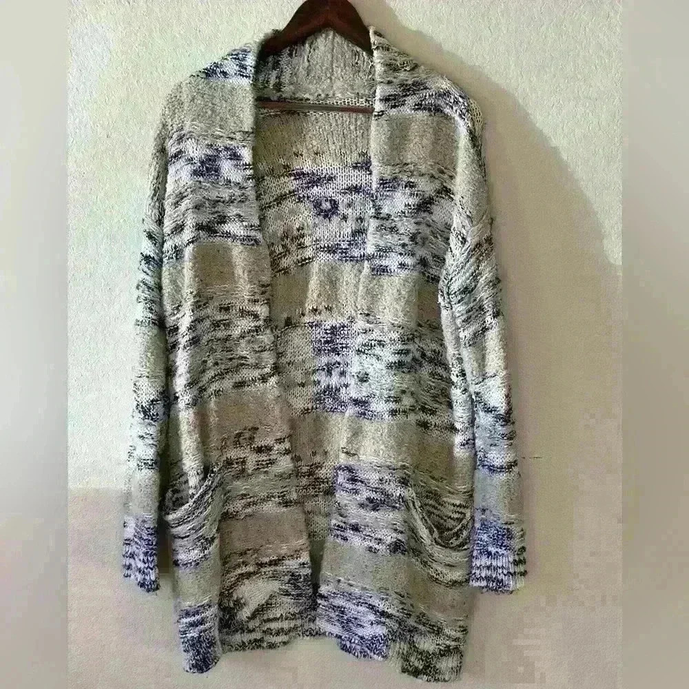 Women’s Sz M/L Blue Marled Longline Knit Pocket Open‎ Cardigan Beach Coastal